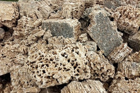 Kamenclub.ru: Крымский природный меотис фр. 100-500 мм.  купить в Перми меотис бежевый рыжий молочный желтый ракушечник 4 500 руб/т   фото КАМЕНЬ КЛУБ